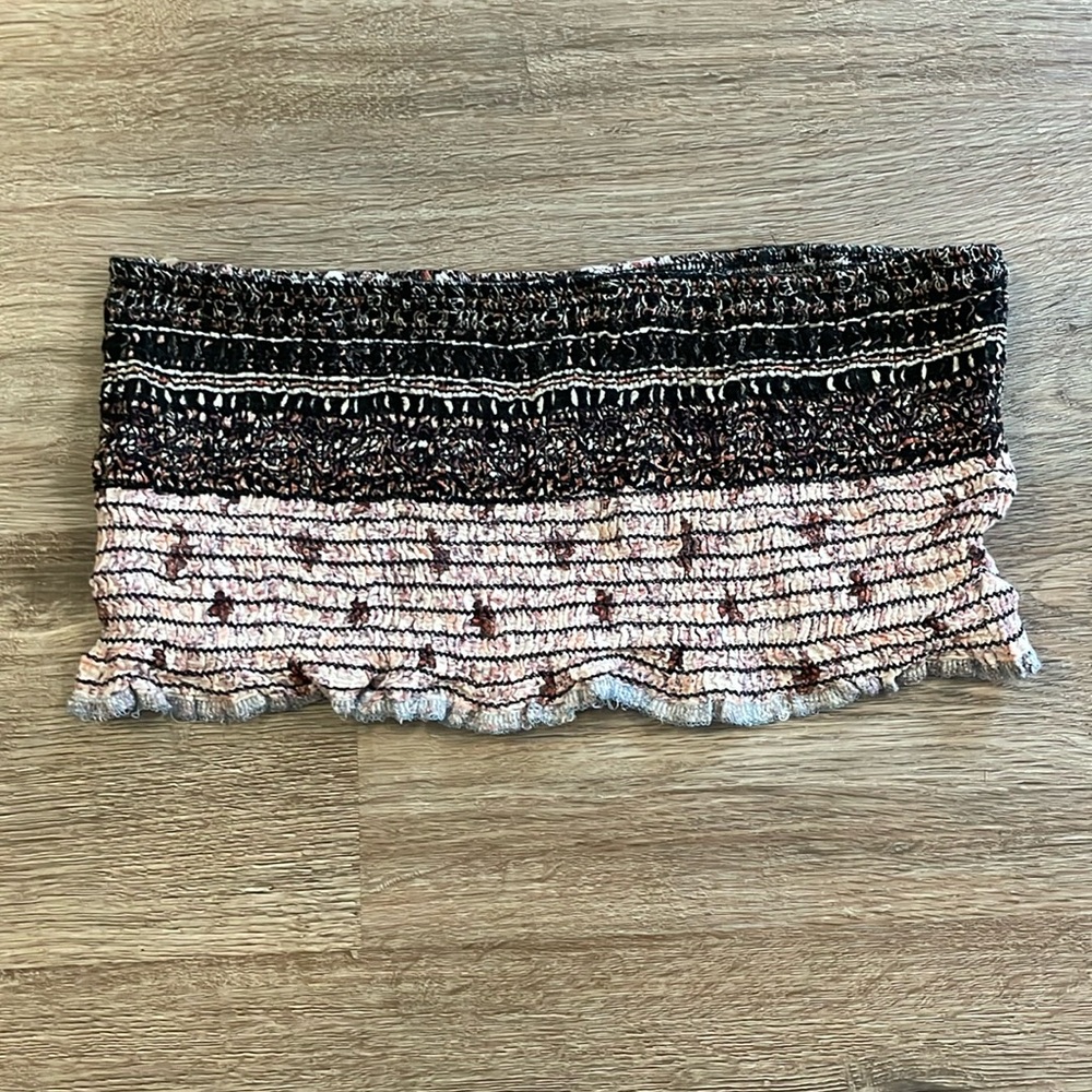 Handmade Pink & Black Floral Print Smocked Bandeau with Ruffle Bottom Detail